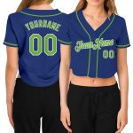 Custom Name Number Womens V-Neck Cropped Baseball Jersey Royal Neon Green White Personalized Women's Royal Neon Green-White