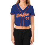 Custom Name and Number Womens V-Neck Baseball Jersey - Royal Orange-White Cropped Design Personalized Women's Royal Orange-White