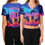Personalized Custom Name and Number Womens Cropped Baseball Jersey Royal Pink-Light Blue Hawaii Palm Trees 3D V-Neck Personalized