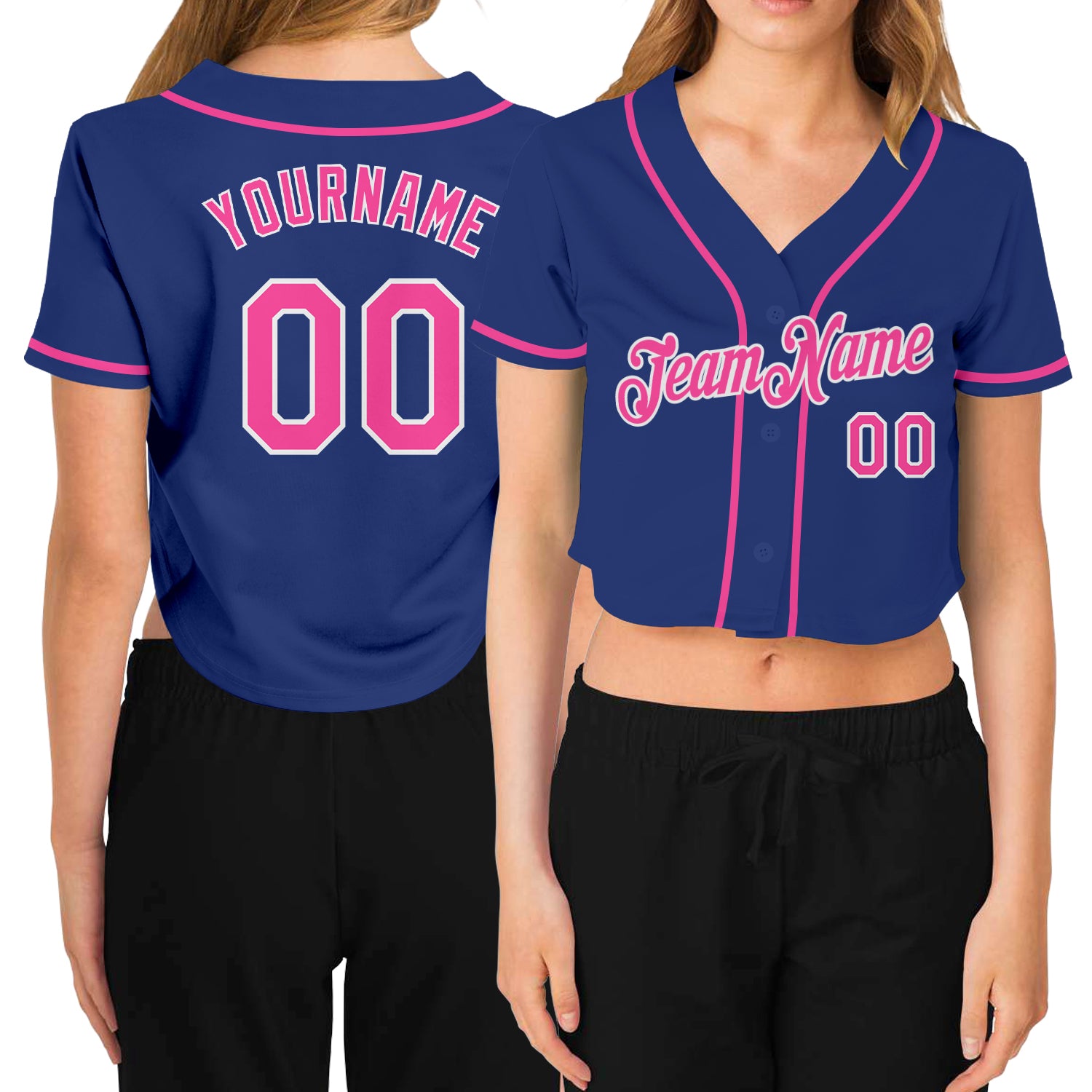 Custom Name Number Womens Baseball Jersey - Personalized Royal Pink White V-Neck Cropped Top Personalized Women's Royal Pink-White