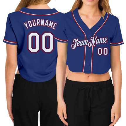 Personalized Womens V-Neck Cropped Baseball Jersey in Royal White-Red Personalized Women's Royal White-Red V-Neck Cropped