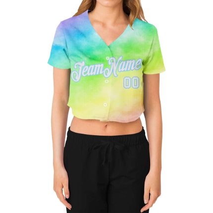 Personalized Womens Tie Dye V-Neck Cropped Baseball Jersey - White Light Blue Rainbow Design Personalized Women's Tie Dye