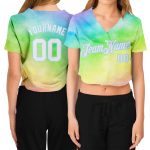 Personalized Womens Tie Dye V-Neck Cropped Baseball Jersey - White Light Blue Rainbow Design Personalized Women's Tie Dye