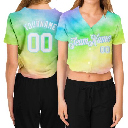 Personalized Womens Tie Dye V-Neck Cropped Baseball Jersey - White Light Blue Rainbow Design Personalized Women's Tie Dye