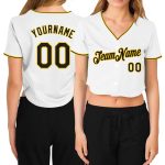 Custom Name and Number Personalized Womens Baseball Jersey V-Neck Cropped White Black Gold Personalized Women's White Black-Gold