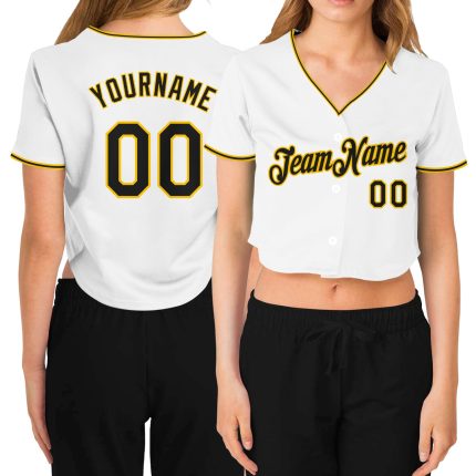 Custom Name and Number Personalized Womens Baseball Jersey V-Neck Cropped White Black Gold Personalized Women's White Black-Gold