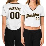 Custom Name and Number Womens Baseball Jersey V-Neck Cropped White Black Old Gold Personalized Women's White Black-Old Gold
