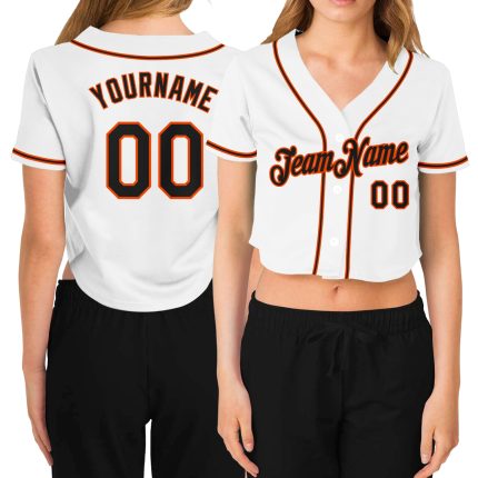 Custom Name Number Womens V-Neck Cropped Baseball Jersey - Personalized White Black-Orange Team Apparel Personalized Women's