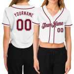 Custom Name Number Womens V-Neck Cropped Baseball Jersey White Crimson Gray Personalized Women's White Crimson-Gray V-Neck