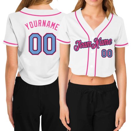 Custom Name and Number Personalized Womens V-Neck Cropped Baseball Jersey - White Light Blue Black Pink Personalized Women's