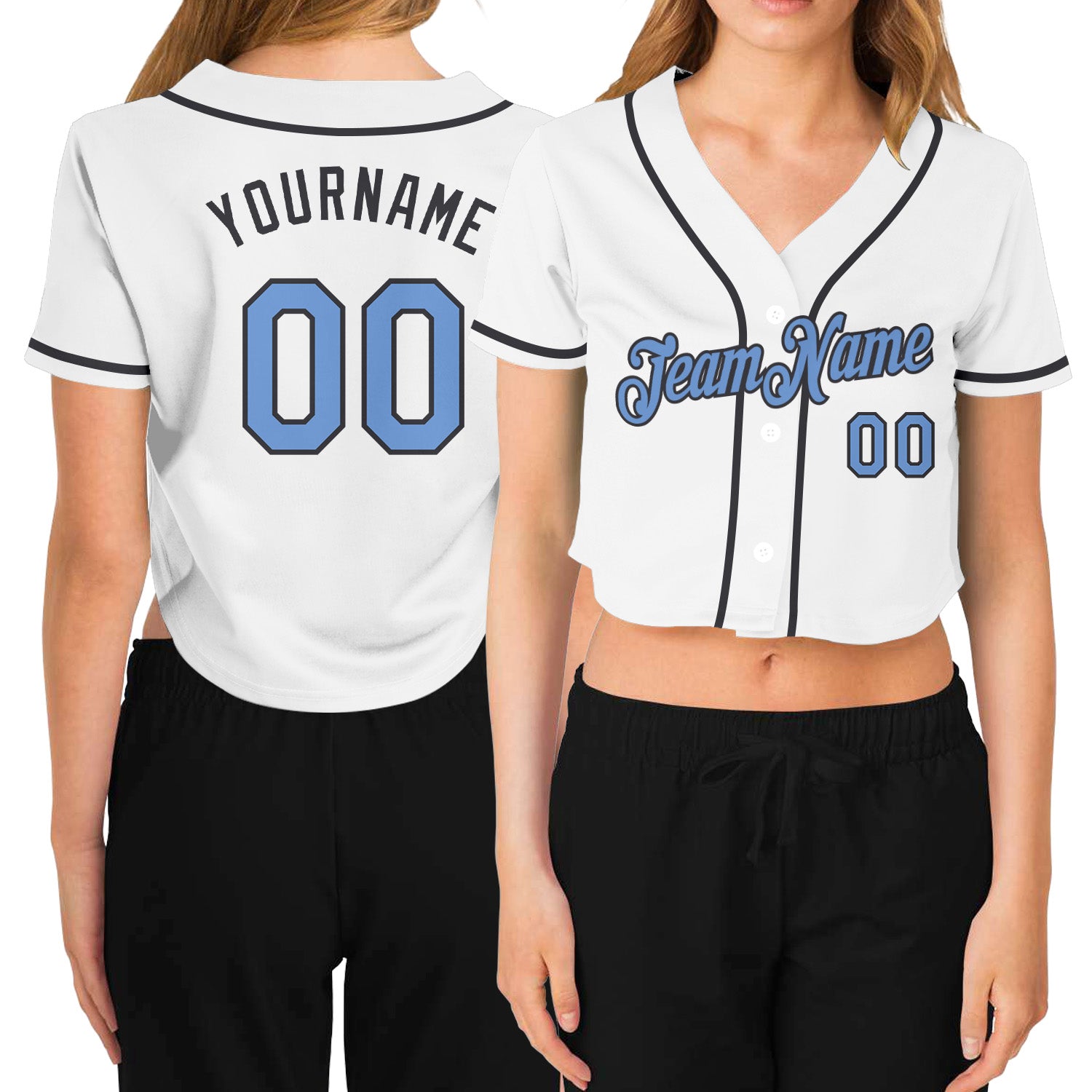 Custom Name Number V-Neck Cropped Baseball Jersey for Women - Personalized White Light Blue Steel Gray Design Personalized