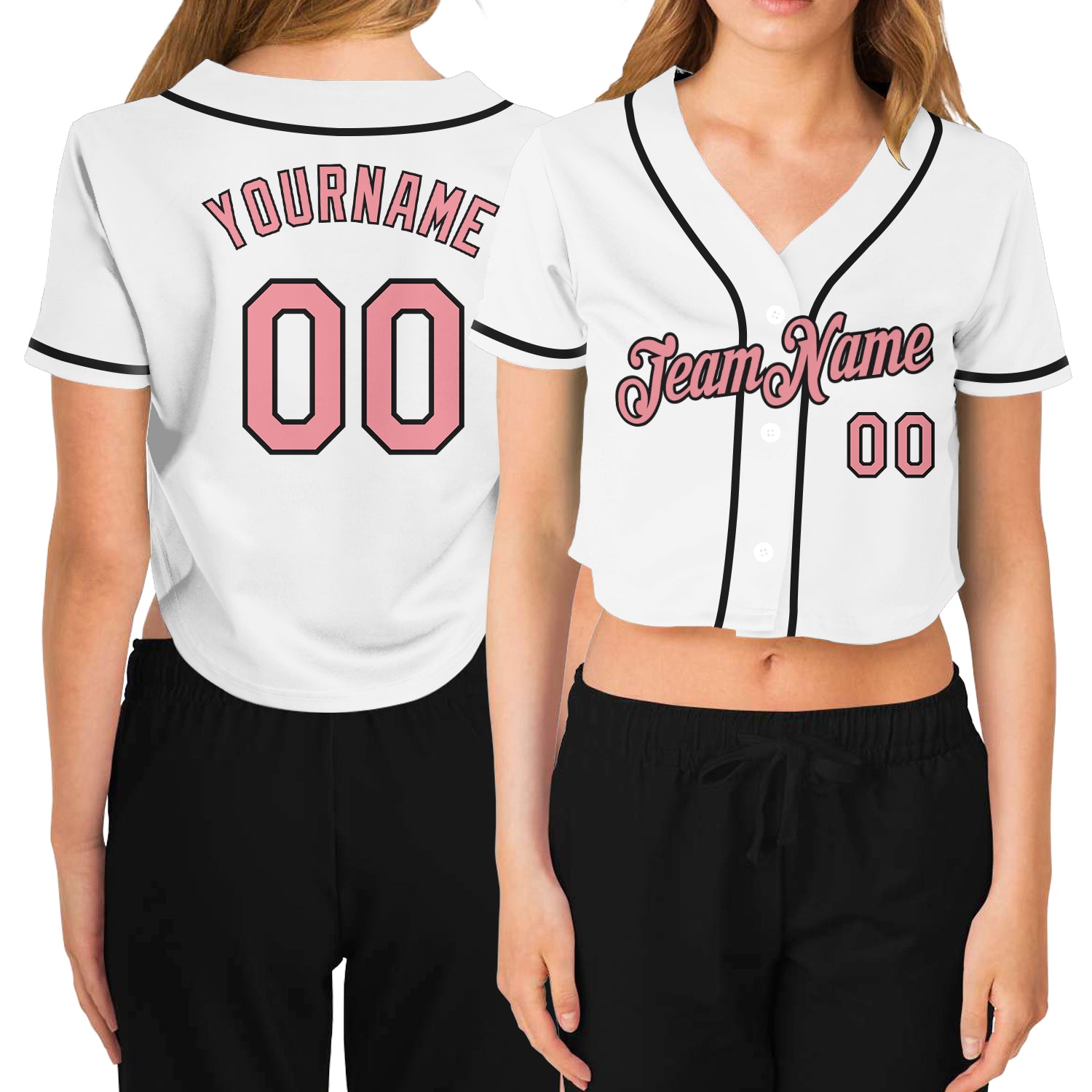 Custom Name Number Womens Pink Black V-Neck Cropped Baseball Jersey - Personalized White Medium Team Apparel Personalized
