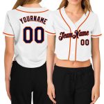Custom Name and Number Personalized Womens Baseball Jersey - White Navy Orange V-Neck Cropped Personalized Women's White