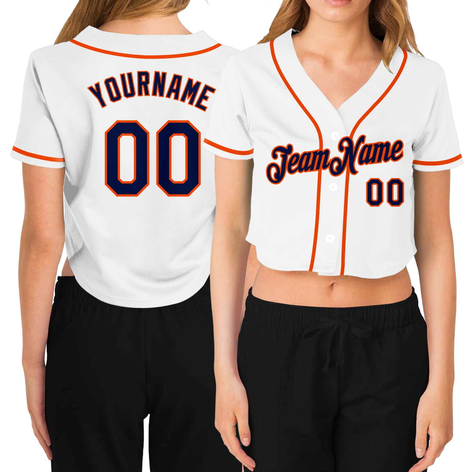 Custom Name and Number Personalized Womens Baseball Jersey - White Navy Orange V-Neck Cropped Personalized Women's White