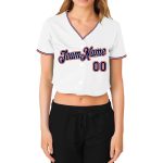 Personalized Womens Baseball Jersey Custom Name and Number V-Neck Cropped in White Navy Red Personalized Women's White Navy-Red