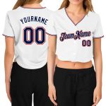 Personalized Womens Baseball Jersey Custom Name and Number V-Neck Cropped in White Navy Red Personalized Women's White Navy-Red