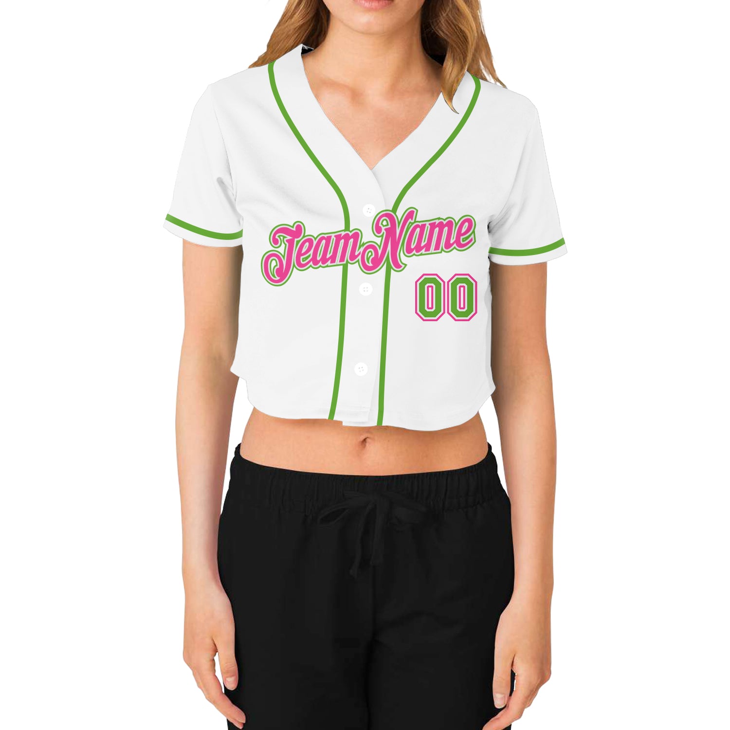 Personalized Women's White Neon Green-Pink V-Neck Cropped Baseball Jersey Team Custom Name and Number Custom Womens V-Neck Baseball Jersey - Personalized White Neon Green-Pink with Name & Number - Cropped Style Personalized - Image 2