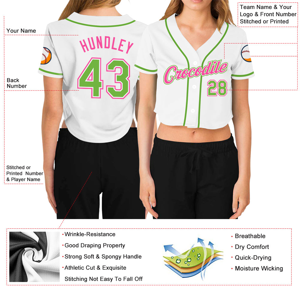 Personalized Women's White Neon Green-Pink V-Neck Cropped Baseball Jersey Team Custom Name and Number Custom Womens V-Neck Baseball Jersey - Personalized White Neon Green-Pink with Name & Number - Cropped Style Personalized - Image 3
