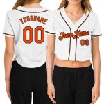 Custom Name and Number Personalized Womens V-Neck Cropped Baseball Jersey - White Orange Black Personalized Women's White