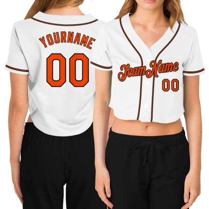 Custom Name and Number Personalized Womens V-Neck Cropped Baseball Jersey - White Orange Black Personalized Women's White