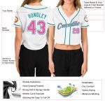 Custom Name Number Personalized Womens Cropped Baseball Jersey in White Pink Aqua V-Neck Personalized Women's White Pink-Aqua