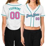 Custom Name Number Personalized Womens Cropped Baseball Jersey in White Pink Aqua V-Neck Personalized Women's White Pink-Aqua