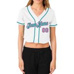 Custom Name Number Personalized Womens Cropped Baseball Jersey in White Pink Aqua V-Neck Personalized Women's White Pink-Aqua