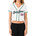 Custom Name Number Womens V-Neck Cropped Baseball Jersey - Personalized White Pink Green Team Apparel Personalized Women's