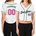 Custom Name Number Womens V-Neck Cropped Baseball Jersey - Personalized White Pink Green Team Apparel Personalized Women's