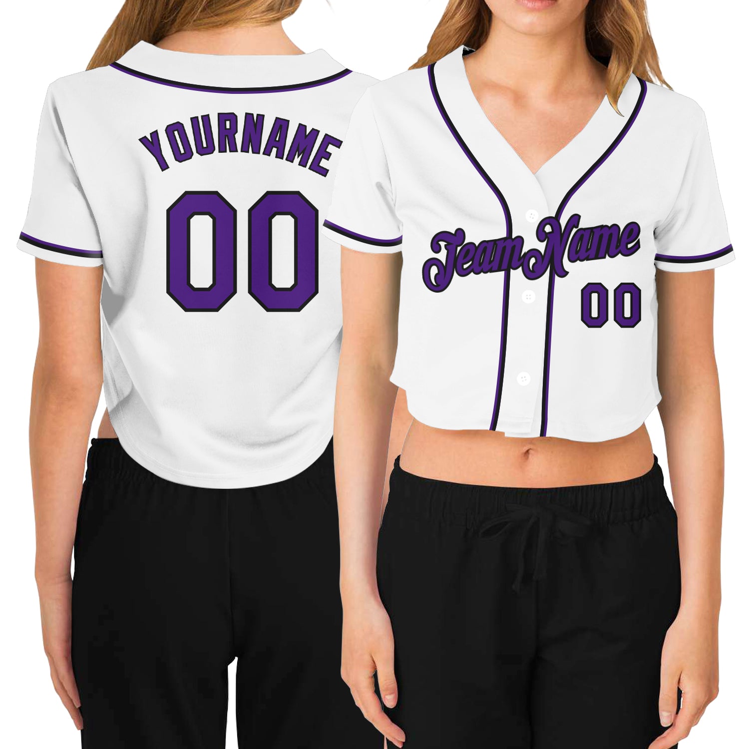 Custom Name and Number Personalized Womens V-Neck Cropped Baseball Jersey White Purple Black Personalized Women's White Purple-Black