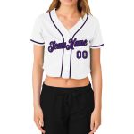 Custom Name and Number Personalized Womens V-Neck Cropped Baseball Jersey White Purple Black Personalized Women's White Purple-Black