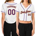Custom Name and Number Personalized Womens Baseball Jersey White Purple Gold V-Neck Cropped Style Personalized Women's White