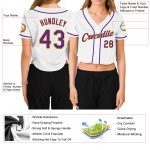 Custom Name and Number Personalized Womens Baseball Jersey White Purple Gold V-Neck Cropped Style Personalized Women's White