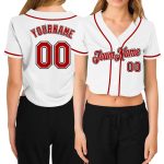Custom Name and Number Personalized Womens V-Neck Cropped Baseball Jersey - White Red Black Team Apparel Personalized Women's
