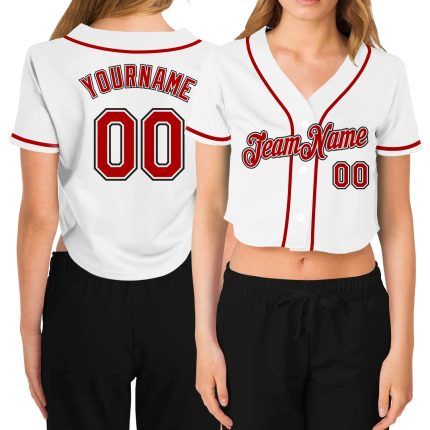 Custom Name and Number Personalized Womens V-Neck Cropped Baseball Jersey - White Red Black Team Apparel Personalized Women's