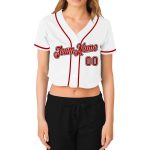 Custom Name and Number Personalized Womens V-Neck Cropped Baseball Jersey - White Red Black Team Apparel Personalized Women's