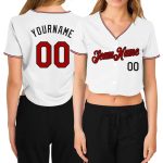Personalized Womens Red Black V-Neck Cropped Baseball Jersey - Stylish Custom Sportswear Personalized Women's White Red-Black