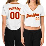 Custom Name Number Womens Red-Gold V-Neck Cropped Baseball Jersey - Personalized Team Apparel Personalized Women's White