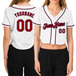 Personalized Womens Baseball Jersey V-Neck Cropped White Red-Navy Design Personalized Women's White Red-Navy V-Neck Cropped