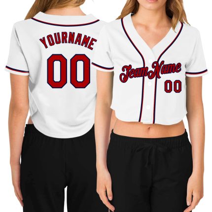 Personalized Womens Baseball Jersey V-Neck Cropped White Red-Navy Design Personalized Women's White Red-Navy V-Neck Cropped