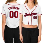 Custom Team Name and Number Womens V-Neck Cropped Baseball Jersey in White Red-Navy Personalized Women's White Red-Navy V-Neck