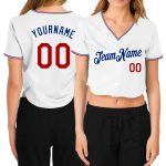 Custom Name and Number Personalized Womens Baseball Jersey V-Neck Cropped in White Red-Royal Personalized Women's White Red-Royal