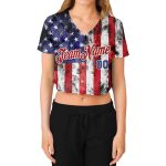 Custom American Flag Womens 3D V-Neck Cropped Baseball Jersey - Personalized Name & Number, White Royal-Red Personalized