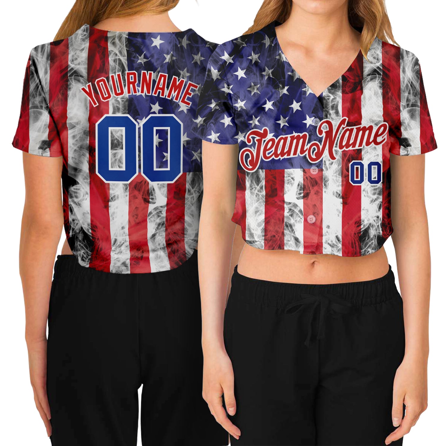 Custom American Flag Womens 3D V-Neck Cropped Baseball Jersey - Personalized Name & Number, White Royal-Red Personalized