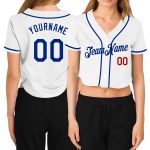 Custom Name Number Womens V-Neck Baseball Jersey White Royal-Red Cropped Design Personalized Women's White Royal-Red V-Neck