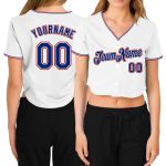 Personalized Womens V-Neck Cropped Baseball Jersey in White and Royal Red Personalized Women's White Royal-Red V-Neck Cropped