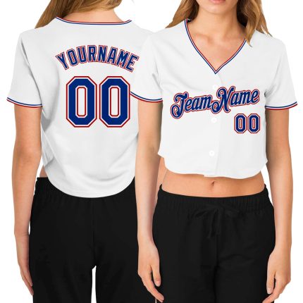 Personalized Womens V-Neck Cropped Baseball Jersey in White and Royal Red Personalized Women's White Royal-Red V-Neck Cropped