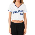 Custom Name and Number Womens White Baseball Jersey - Personalized Royal V-Neck Cropped Top Personalized Women's White Royal