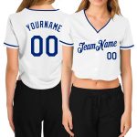 Custom Name and Number Womens White Baseball Jersey - Personalized Royal V-Neck Cropped Top Personalized Women's White Royal