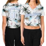 Personalized Womens 3D V-Neck Cropped Baseball Jersey - White & Light Blue Hawaii Palm Trees Personalized Women's White White-Light